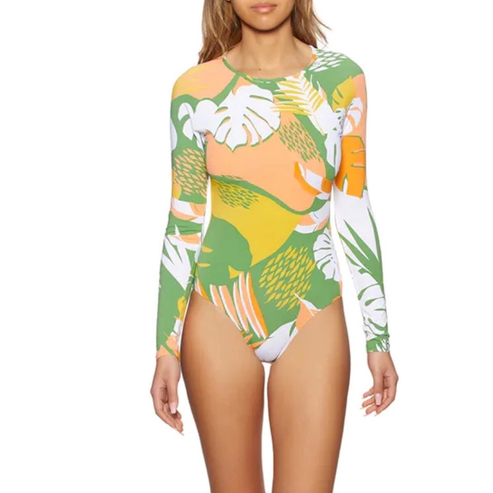 Roxy Womens Long Sleeve One Piece Swimsuit Tropical Palm Print Green Orange M